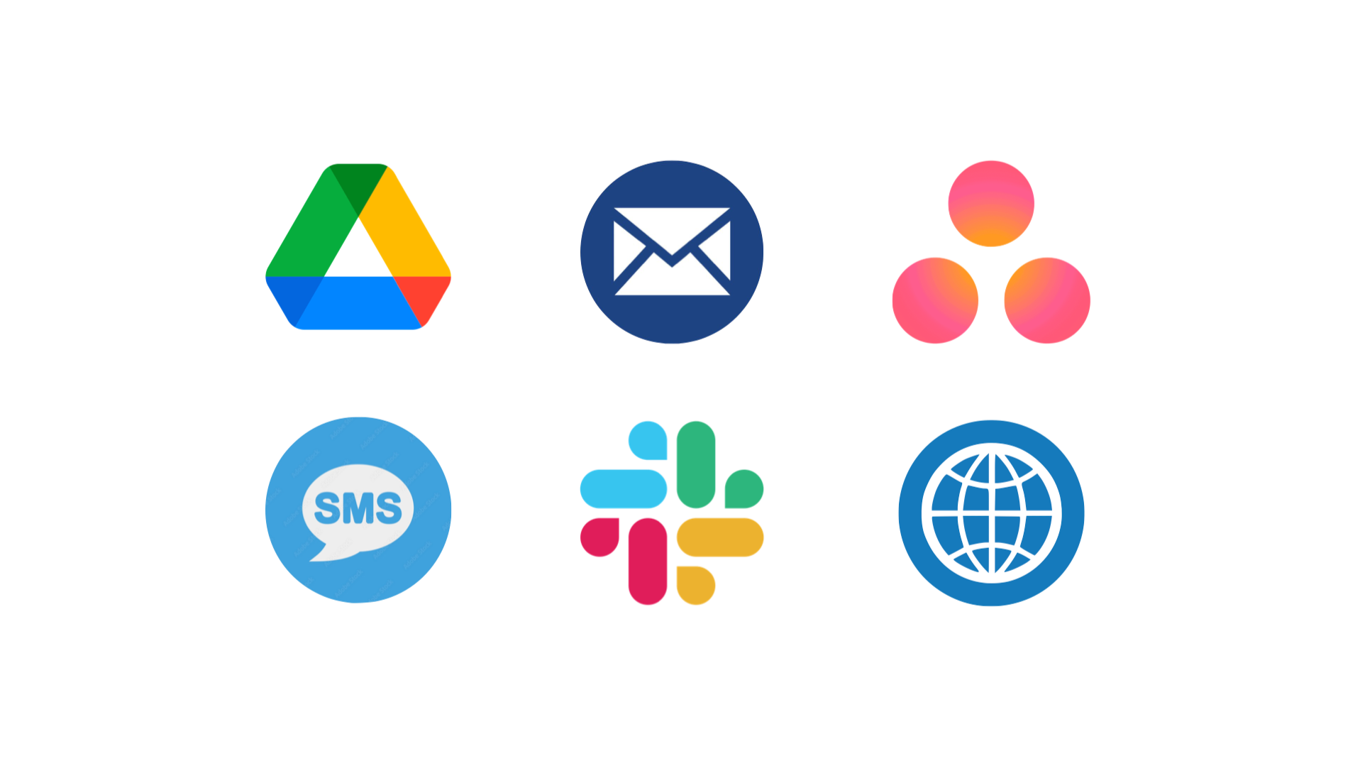 A collection of logos of preferred platforms: Google Drive, Email, Asana, SMS, Slack, Websites